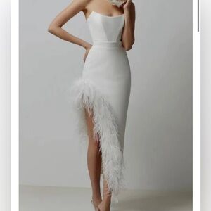 White A- Line Feather Strapless Dress